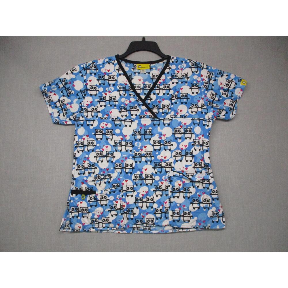 WonderWink Panda Graphic‎ Print Short Sleeve Trendy VNeck Scrub Top Women Size M